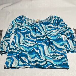 Michael Kors Blue and White Patterned Blouse L